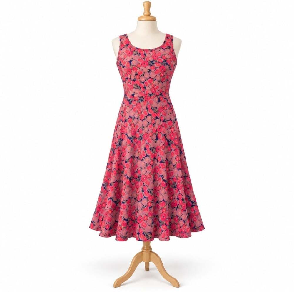 Mata Traders Floral Dress L Organic Cotton Pink Navy Fit Flare Midi Stretch